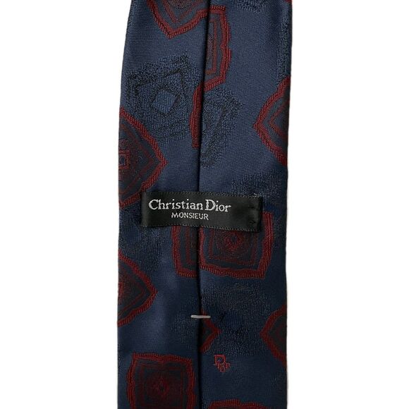 Christian Dior Monsieur Mens Silk Tie Red Blue Geometric Pattern Vintage Necktie - Picture 1 of 5